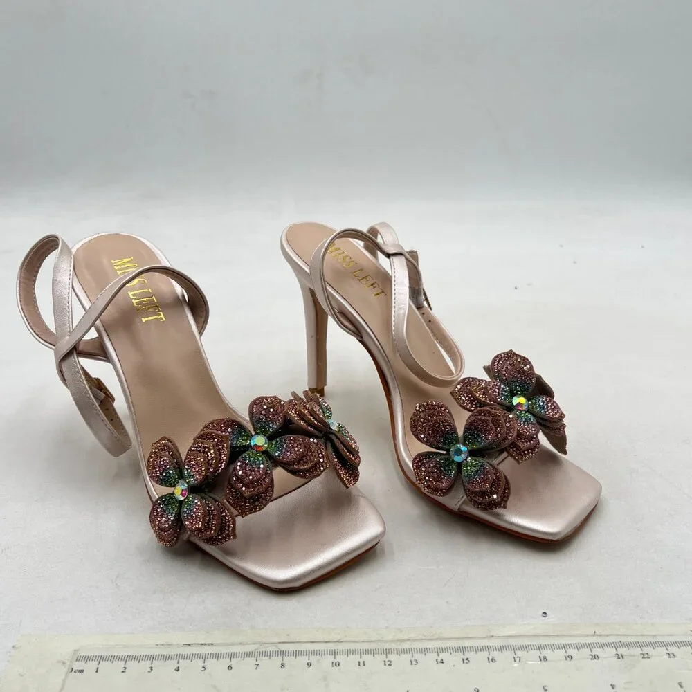 miss left Champagne Rhinestones Stiletto Heel with Strap Buckles Flower Sandals - Picture 4 of 8